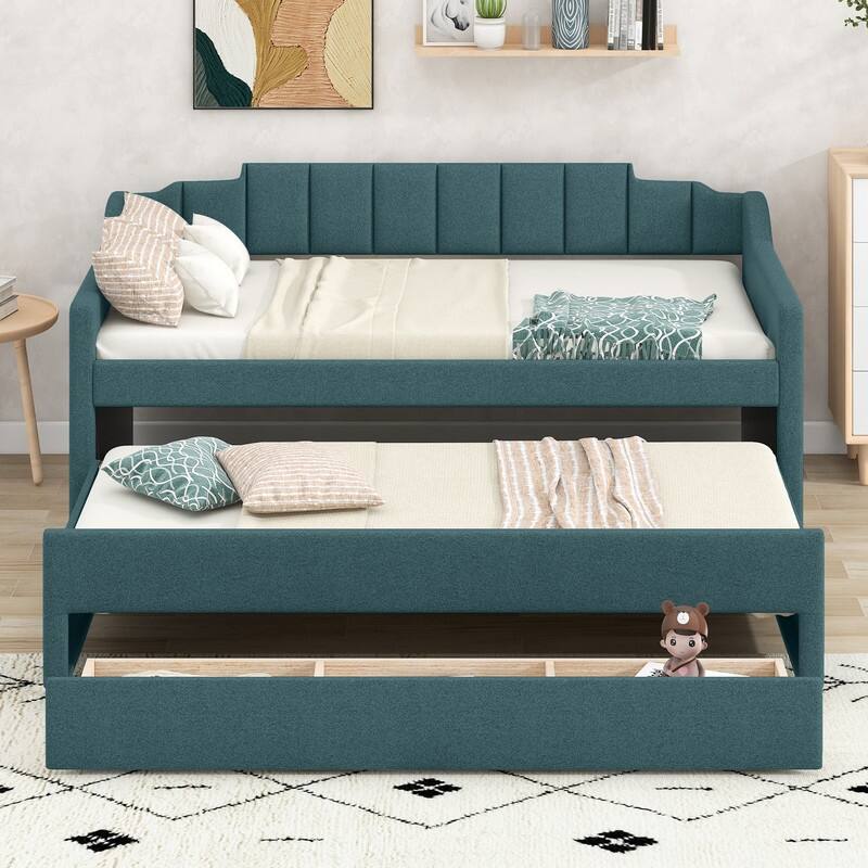 Twin Size Upholstered Daybed with Trundle and Three Drawers - Green