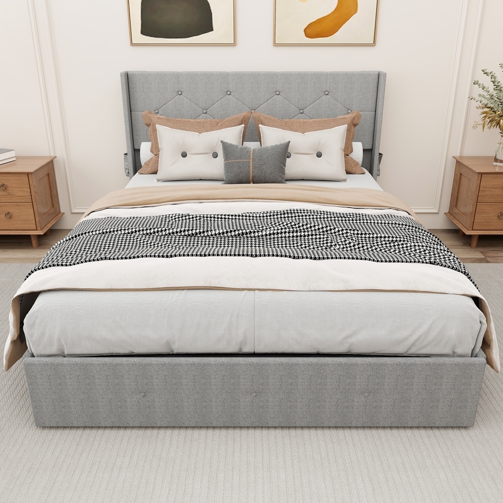 Modern Wingback Platform Bed with Gas Lift Storage