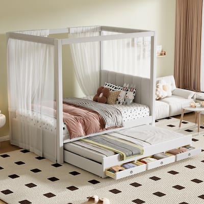 Bedroom Twin Size Canopy Bed Frame, Upholstery Linen Platform Bed with Three Storage Drawers and Pull-Out Trundle Bed