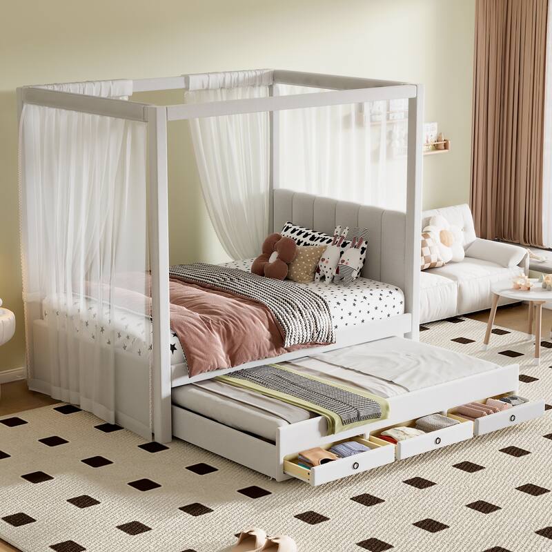 Single Canopy Bed Platform Bed with Upholstered Headboard and Twin Trundle, 3 Drawers, Wood Slat Support No Box Spring Needed