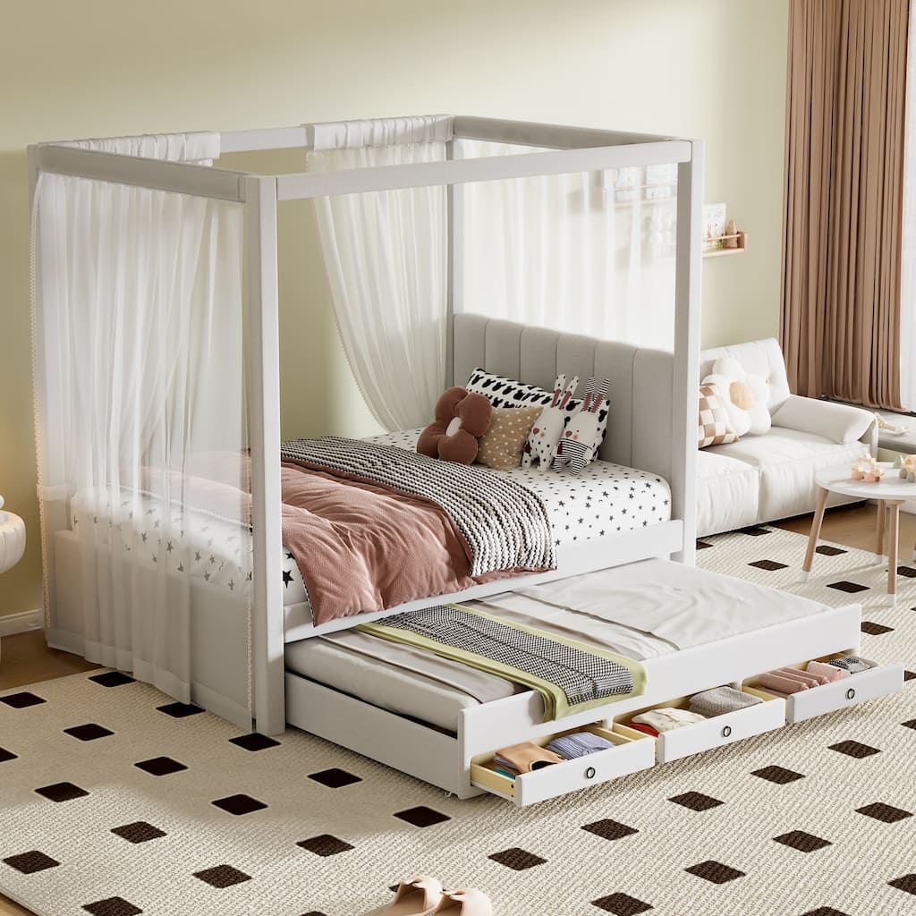 Twin Size Upholstery Canopy Platform Bed with Trundle and Three Storage Drawers, Beige