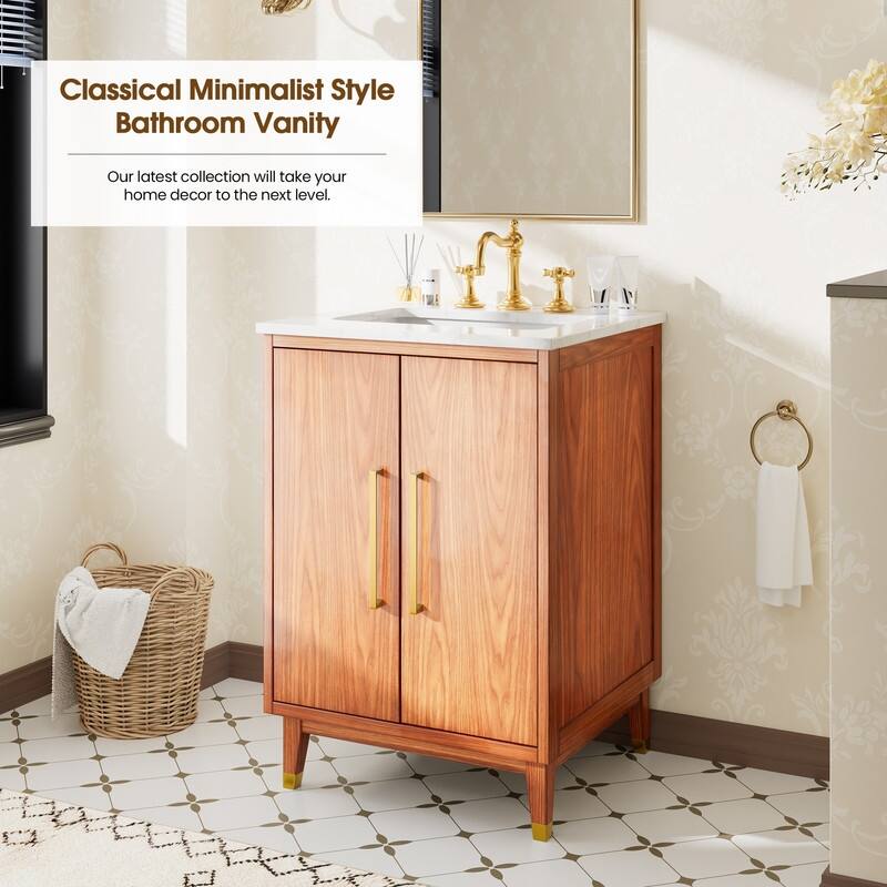 24-Inch Minimalist Bathroom Vanity with Sink – Waterproof Finish, Gold Handles, Compact Storage