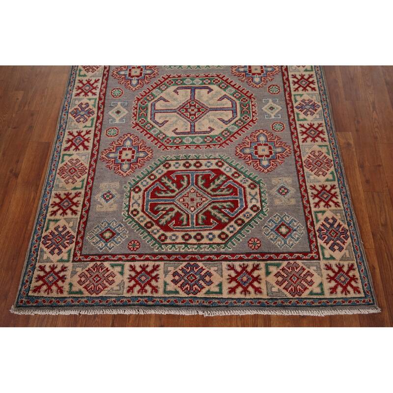 Gray Geometric Kazak Foyer Rug Hand-Knotted Wool Carpet - 3'5" x 4'11"
