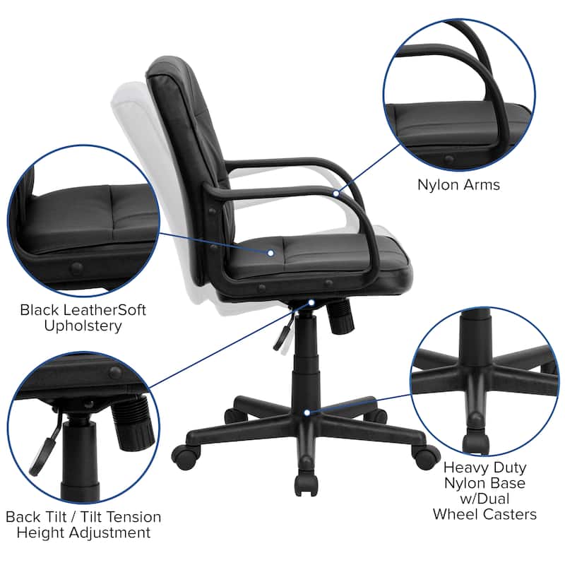 Mid-Back LeatherSoft Swivel Task Office Chair with Arms - Home Office