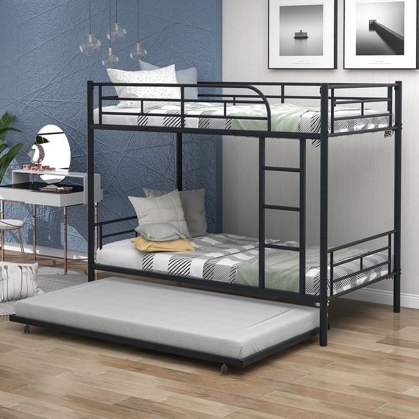 slide 2 of 19, Twin over Twin Metal Bunk Bed With Trundle, Ladder, Black Black