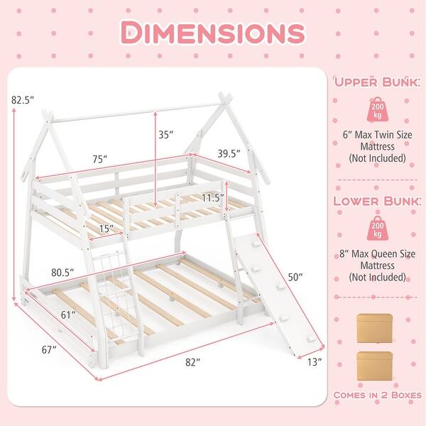 Twin Over Queen Bunk Bed Wooden Kids Bed with Climbing Nets and Ramp
