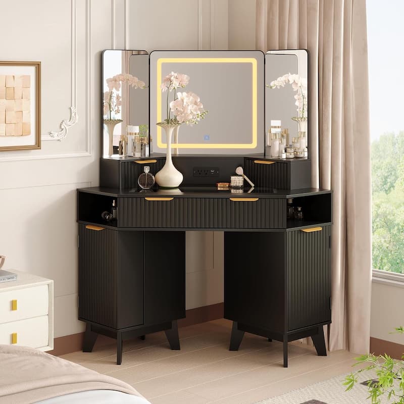 48 inch Fluted Corner Vanity Desk with Lights and Triple Mirror - Black