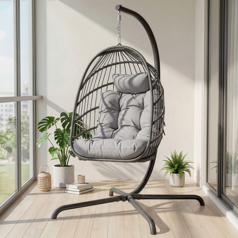 Oversized 1-Person Foldable Hanging Egg Chair - Wicker Swing Chair with Stand, Portable for Indoor Outdoor Patio