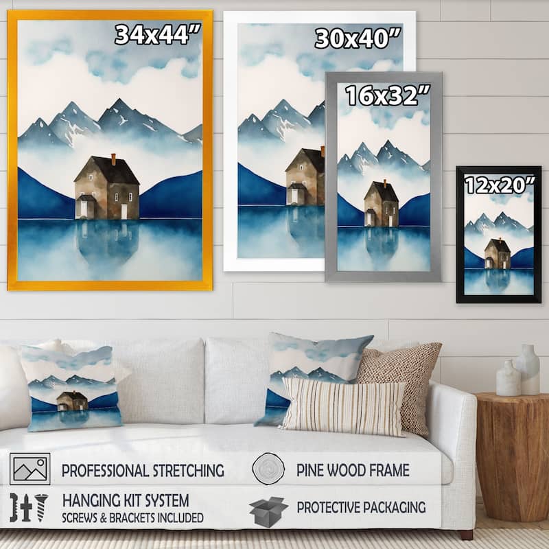 Designart "Cottage House By The Mountain Lake" Landscape Lake Framed Art Print