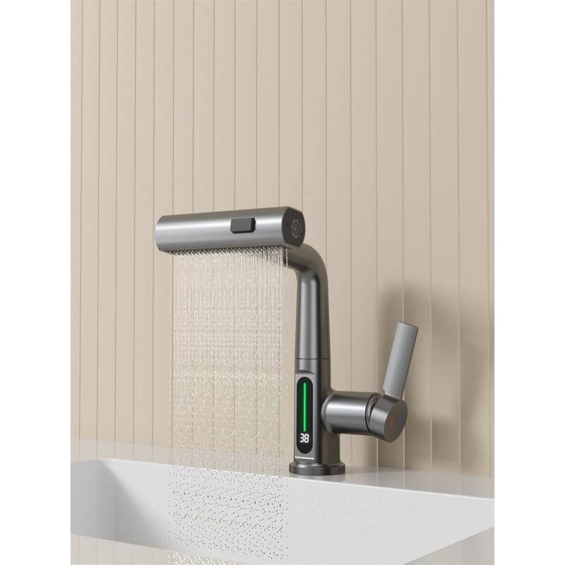Pull-Out Lift LED Temperature Digital Display Bathroom Basin Faucet Single Handle 360 Degree Rotatable Waterfall Basin Tap