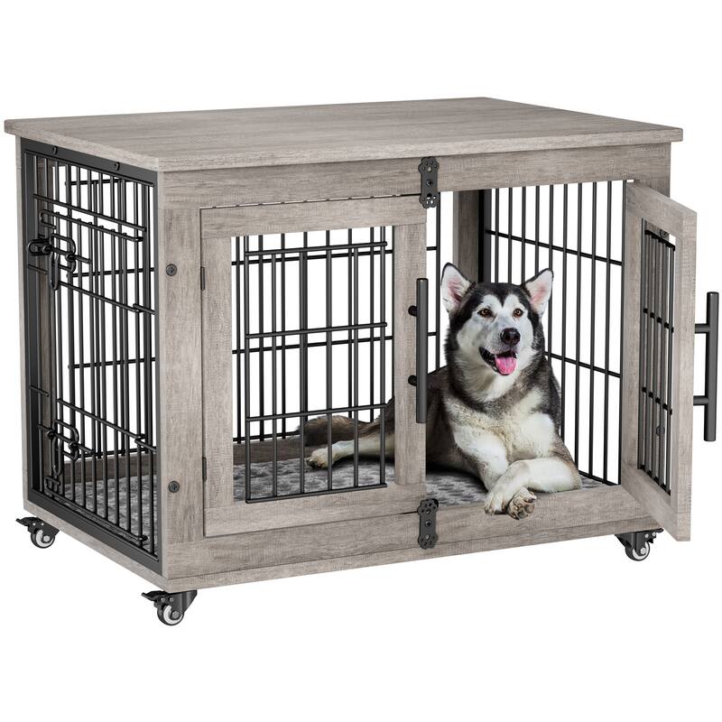 Dog Crate Indoor Heavy Duty Double Doors Wooden Dog Cage with Cushion - 32.5"L x 22.1"W x 25.2"H. - Assembly Required - Grey