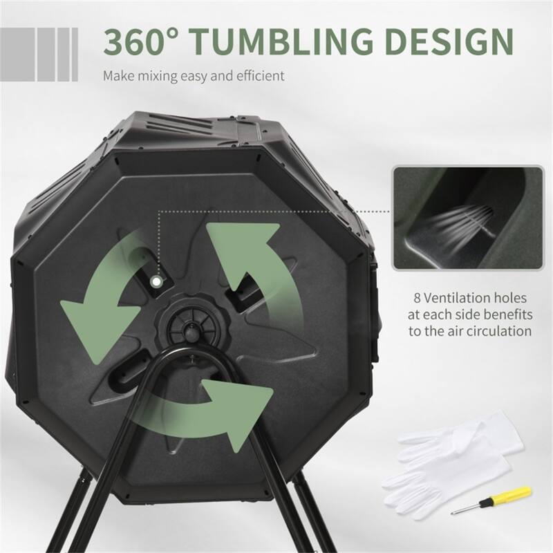 Black Dual-Chamber Compost Tumbler 42 Gallon 360 Degree Rotating Kitchen and Garden Waste Bin with Gloves