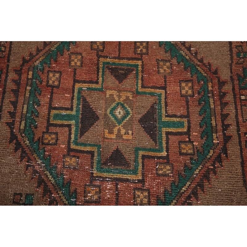 Brown Ardebil Persian Vintage Runner Rug Handmade Wool Carpet - 3'10" x 13'10"