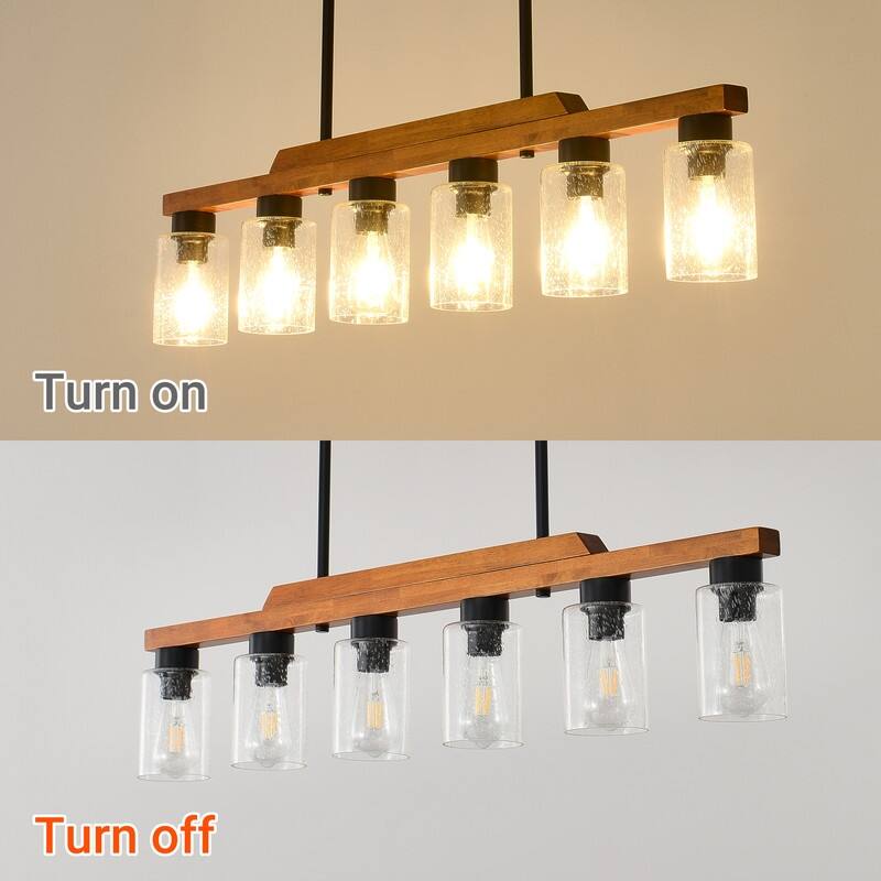 Farmhouse Chandelier for Dining Room Kitchen Island Rustic Wood Linear Pendant Light with Seed Glass Shade