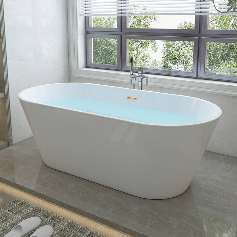 Vanity Art 59" Non-Slip Acrylic Freestanding Soaking Bathtub with Overflow & Pop-up Drain