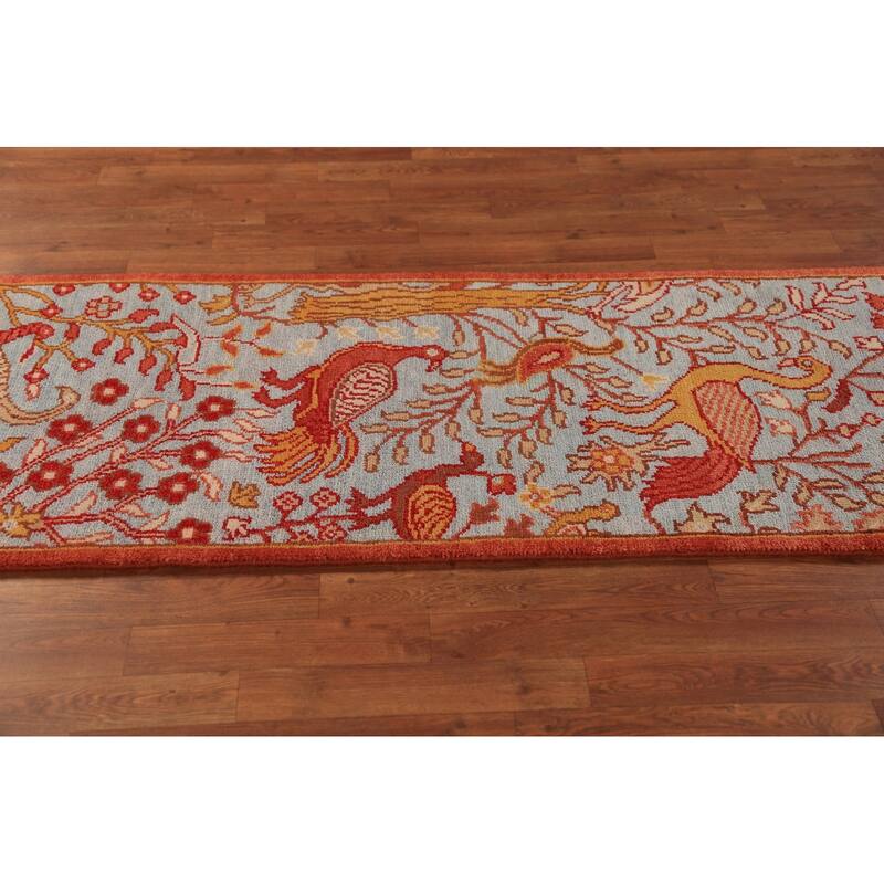 Animals Design Blue Ziegler Indian Runner Rug Hand-Knotted Wool Carpet - 2'6"x 7'11"