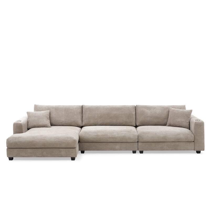 Spacious 4-Seater Corduroy Cloud Couch with Chaise, USB Charging Ports, and Cup Holders