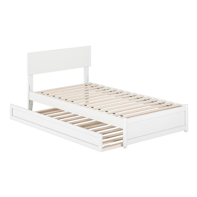 Twin Bed with Trundle & Panel Footboard - White Platform Bed Frame, Adjustable Headboard