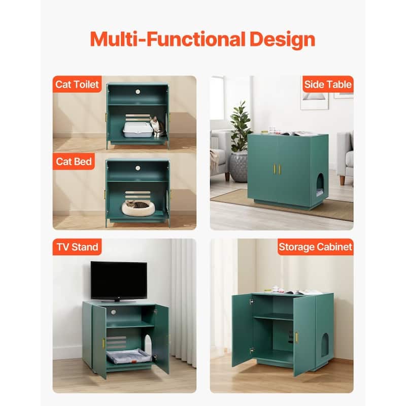 Dark Green P2 Particle Board Cat Litter Box Enclosure with Gold Handles - 31.50 × 19.69 × 31.10 inch