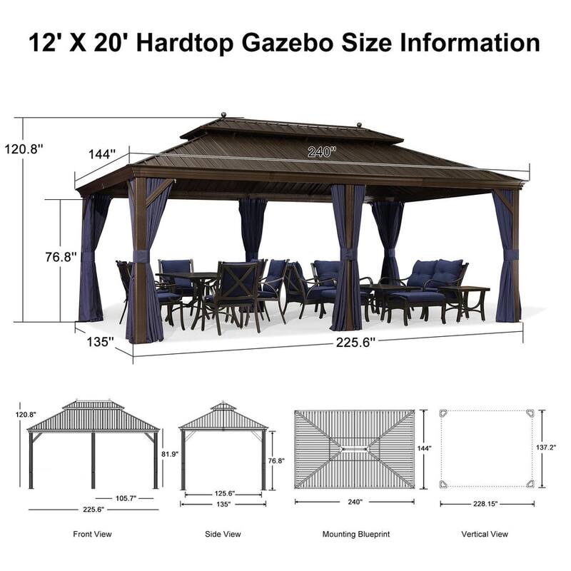 PURPLE LEAF Outdoor Hardtop Gazebo For Patio Bronze Aluminum Frame Pavilion With Navy-Blue Curtain