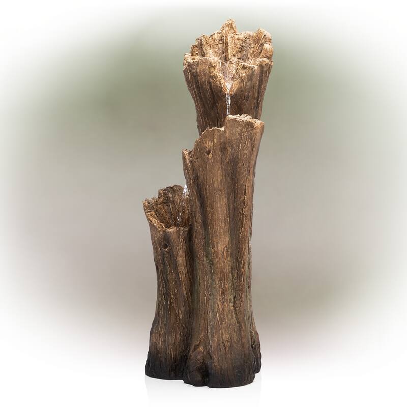 Alpine Corporation TZL210 39 Outdoor 3-Tiered Aged Log Water Fountain with LED Lights Garden Water Feature