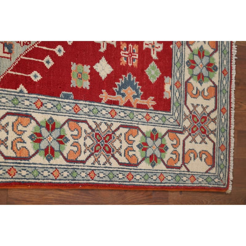 Red Geometric Kazak Accent Rug Hand-Knotted Traditional Wool Carpet - 3'4" x 4'10"