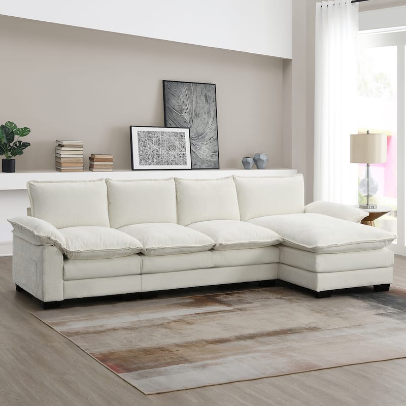 Chenille Upholstered Sectional Sofa with Chaise and Storage Pockets, 5 Seat Lounge Cloud Couch L-shaped Recliner Couches - Beige