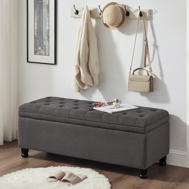 Elegant Linen Fabric Bed Bench, Tufted Button Seat with Spindle Legs - Dark Gray