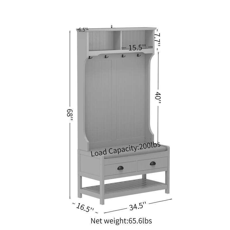 3-in-1 Hallway Hall Tree with 2 Storage Drawer and 4 Coat Rack