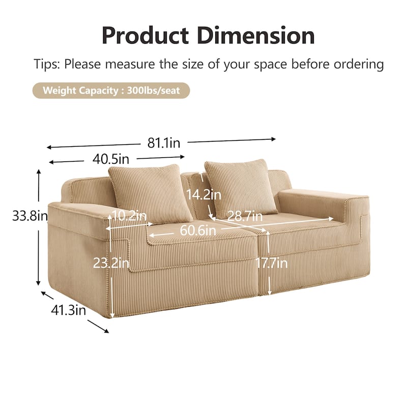 2-Seater Loveseat Boneless Sofa Couch with Deep Seat, Comfortable Modular Sofa Couch with Throw Pillows