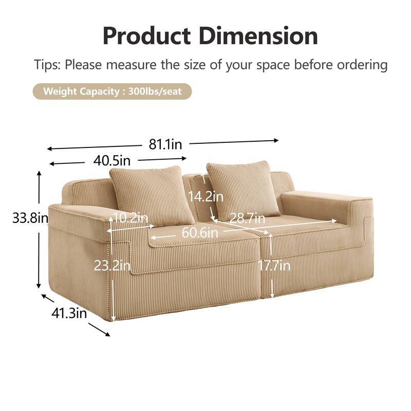 Modular 2-Seat Boneless Sofa, Modern Sectional Couch with Deep Seats, Wide Armrests, Corduroy Loveseat with Throw Pillows