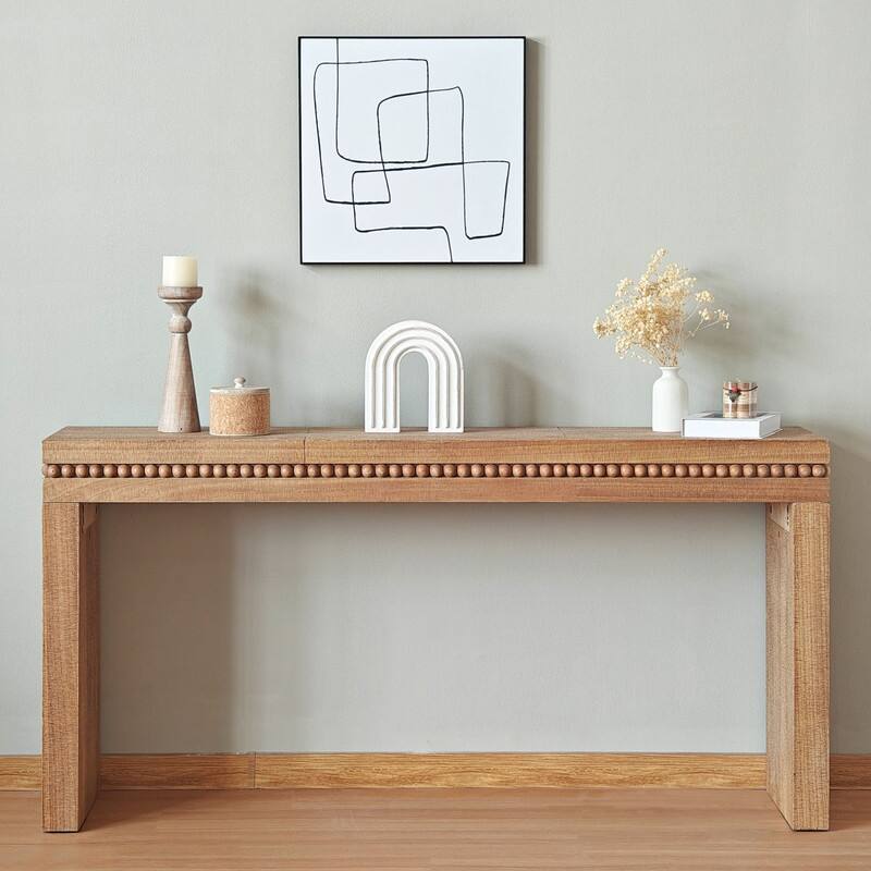64-Inch Modern Wood Console Table with Beaded Trim - Stylish Entryway & Living Room Accent Table - Antique Natural