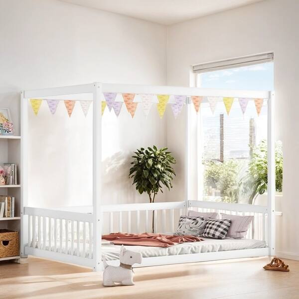 slide 2 of 9, Full Size Canopy Frame Floor Bed with Fence and Guardrails, White White