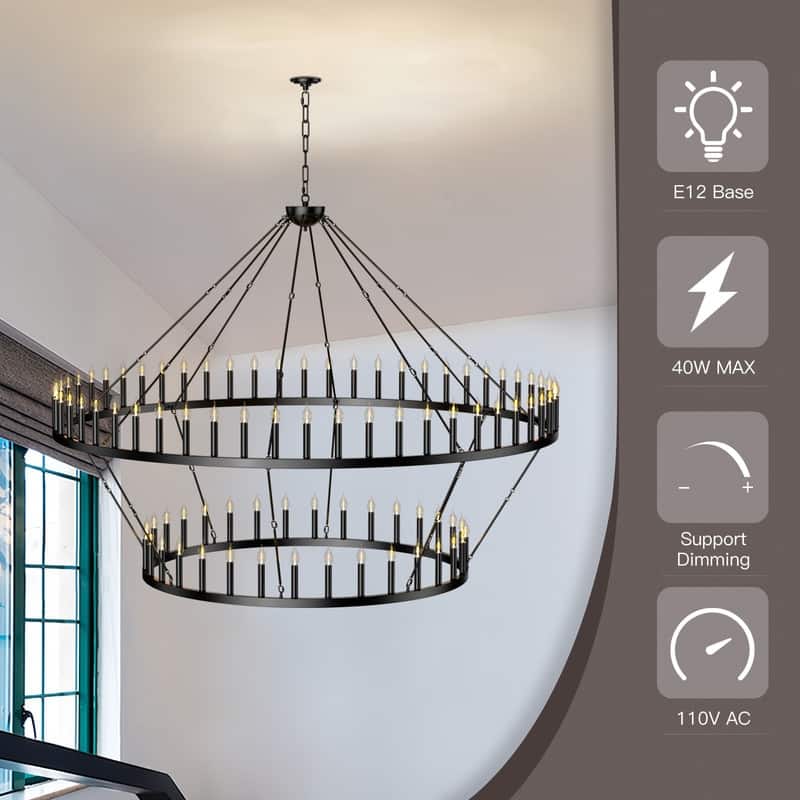 Extra Large Black Wagon Wheel Chandelier - Adjustable Farmhouse Lighting for High Ceilings