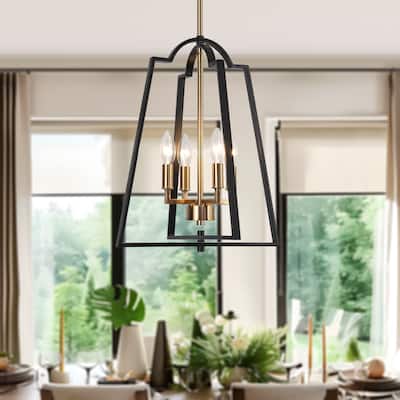 Modern 4-Light Geometric Chandelier Black Gold Pendant Lights for Dining Room - 14" W x 17.5" H