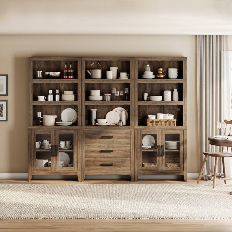 WAMPAT 74" Tall Bookshelf with Glass Doors and Drawers, Farmhouse Bookcase with Adjustable Shelves