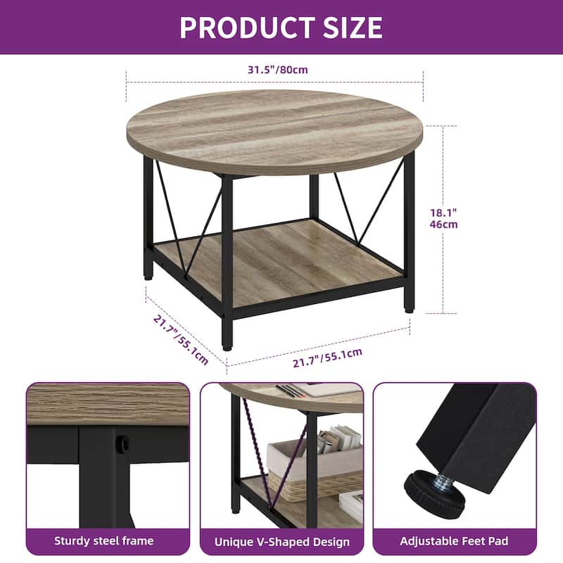 Moasis Industrial 2-Tier Round Coffee Table with Shelf