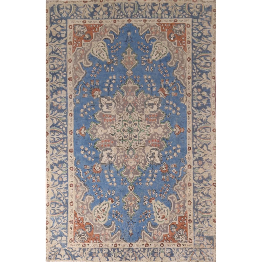 Tabriz Persian Vintage Rug Hand-Knotted Floral Wool Carpet - 6'2"x 9'8"