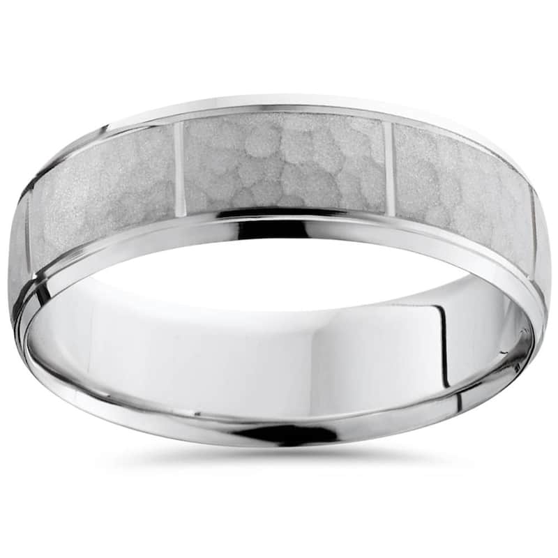 Hammered Mens 7mm Wedding Band White Gold