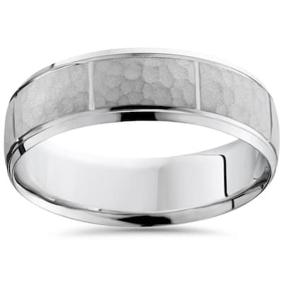 Hammered Mens 7mm Wedding Band White Gold