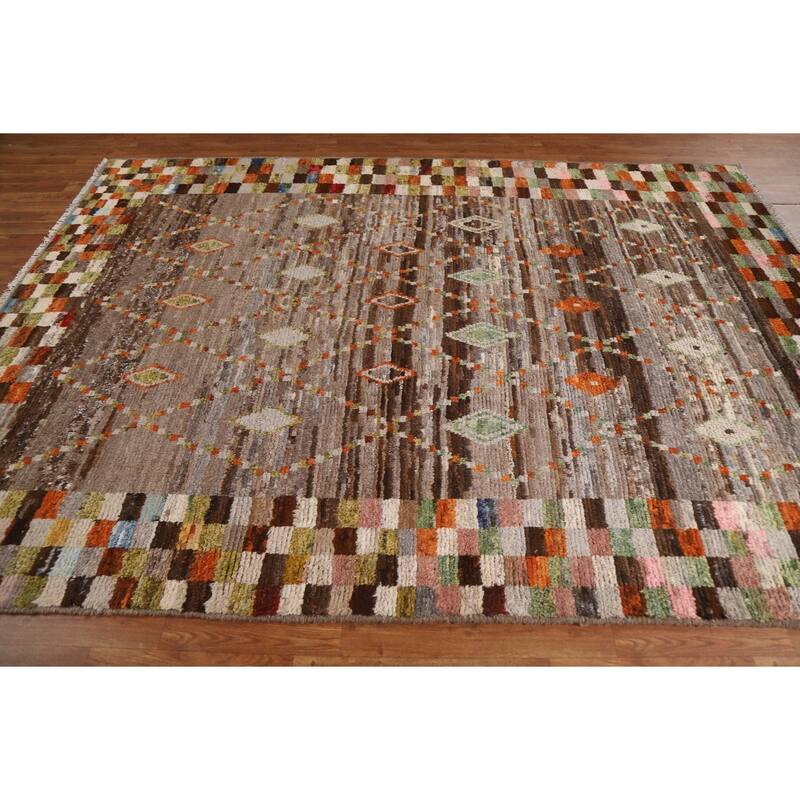 Hand Knotted Oriental 100% Wool Carpet Tribal Checkered Brown Moroccan Area Rug - 9' 10'' X 6' 10''
