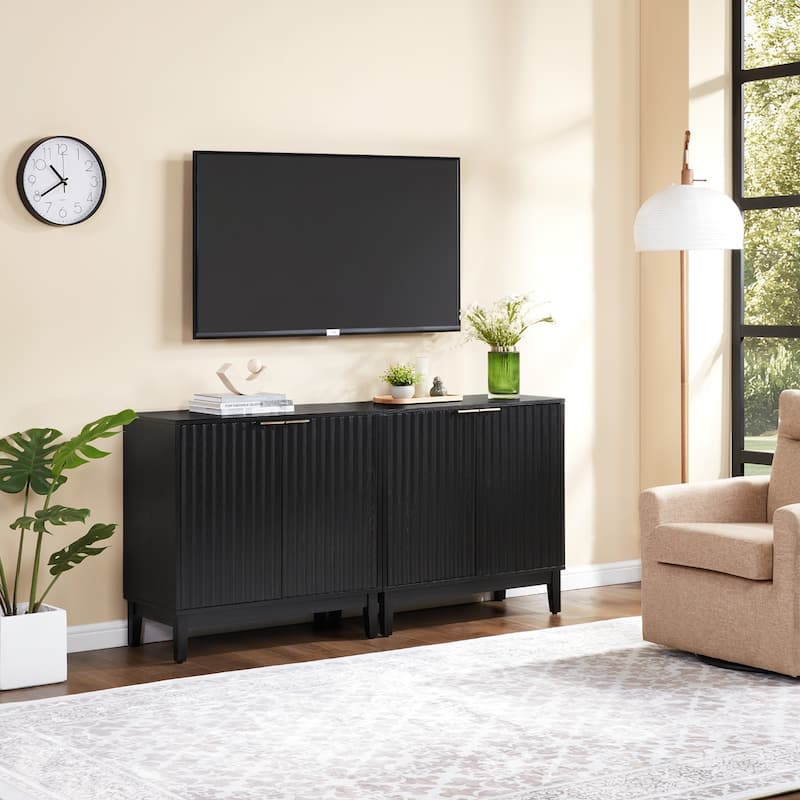 Black 2 Door Storage Cabinet with Fluted Design and Brass Handles for Entryway or Dining Room