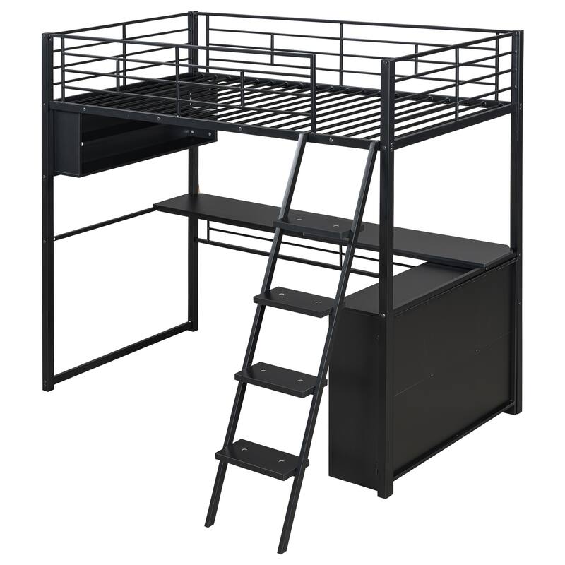 Full Size Loft Bed with Desk, LED Shelves, and Storage - Metal Frame with Guardrails and Ladder, Space-Saving Design for Teens