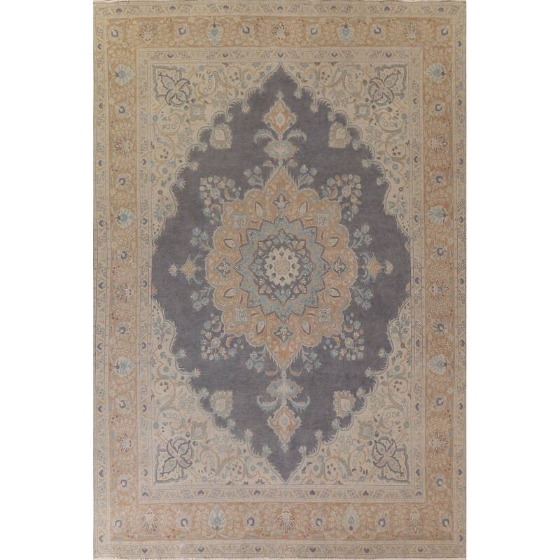 Hand Knotted Oriental 100% Wool Carpet Traditional Medallion Greys & Charcoal Tabriz Area Rug - 12' 5'' X 9' 7''
