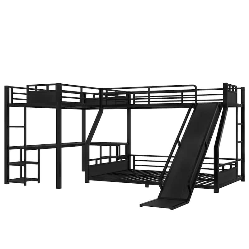L-shaped Triple Bunk Bed with Loft Bed and Bunk Bed, Metal Storage Bed Frame with Integrated Desk, Open Shelves and Slide