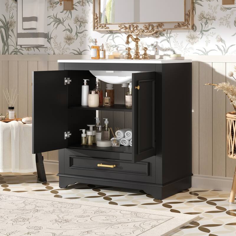Luxurious 30" Bathroom Vanity with Ceramic Sink, 2 Soft Closing Doors & Solid Wood Frame Storage Cabinet