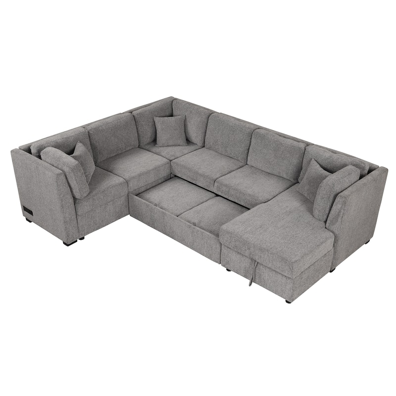 Roomfitters U-Shaped Sectional Sofa Pull-Out Bed with USB Ports, Power Sockets, Three Back Pillows, and Storage Chaise
