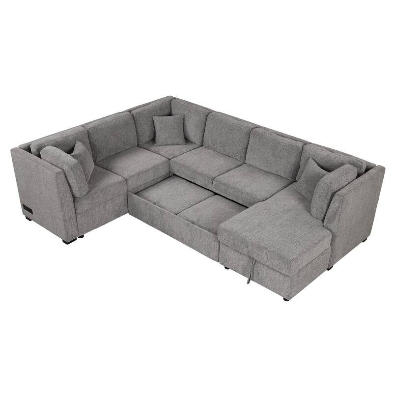 U-shaped Sectional Sofa Pull out Sofa Bed with Two USB Ports, Two Power Sockets, Three Back Pillows and a Storage Chaise