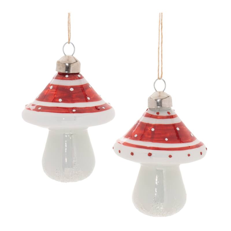 Glittered Glass Mushroom Ornament (Set of 6) - N/A