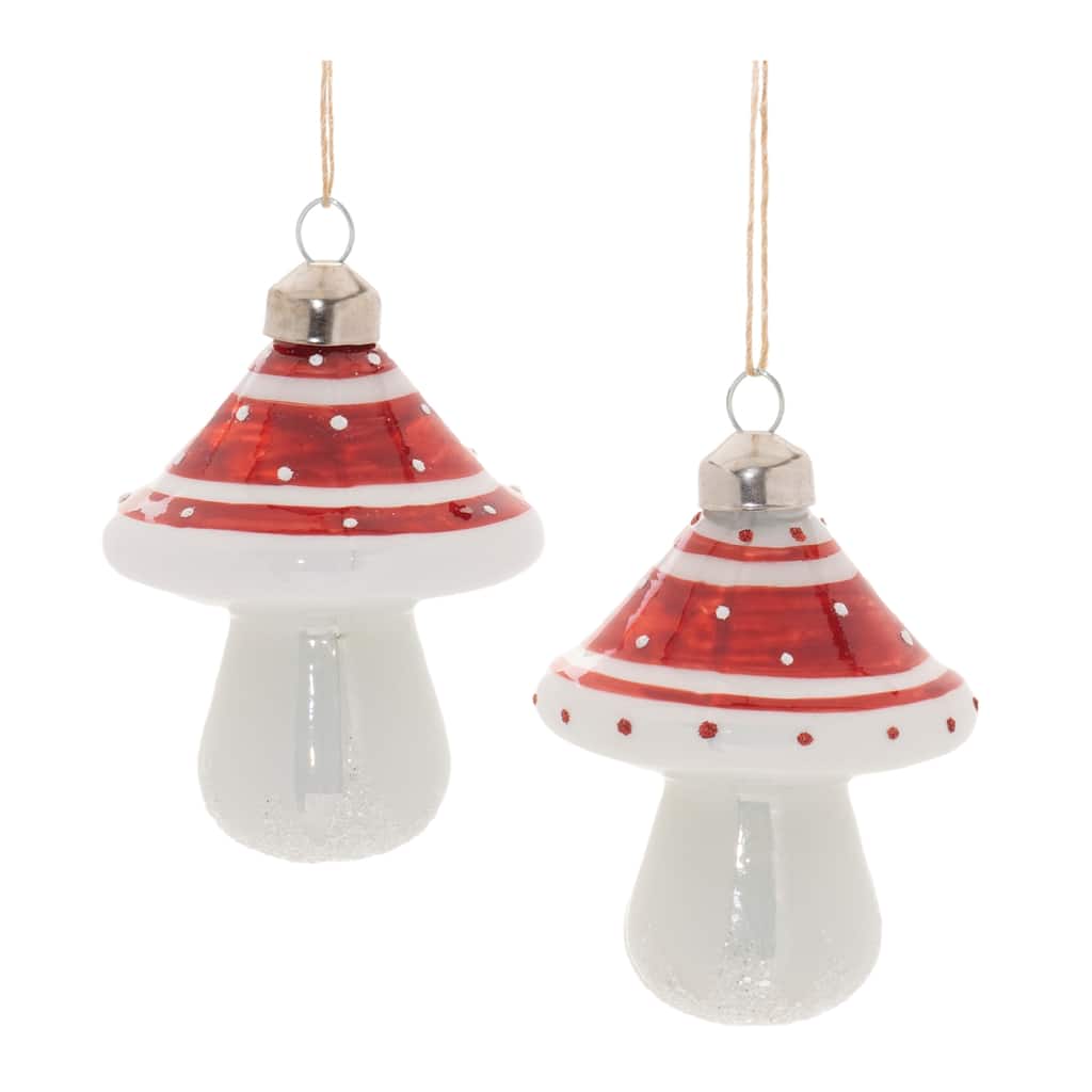 Glass Glittered Mushroom Ornaments Set of 6 with Hanging Strings - 2.5” x 2.5” x 3” (L x W x H)